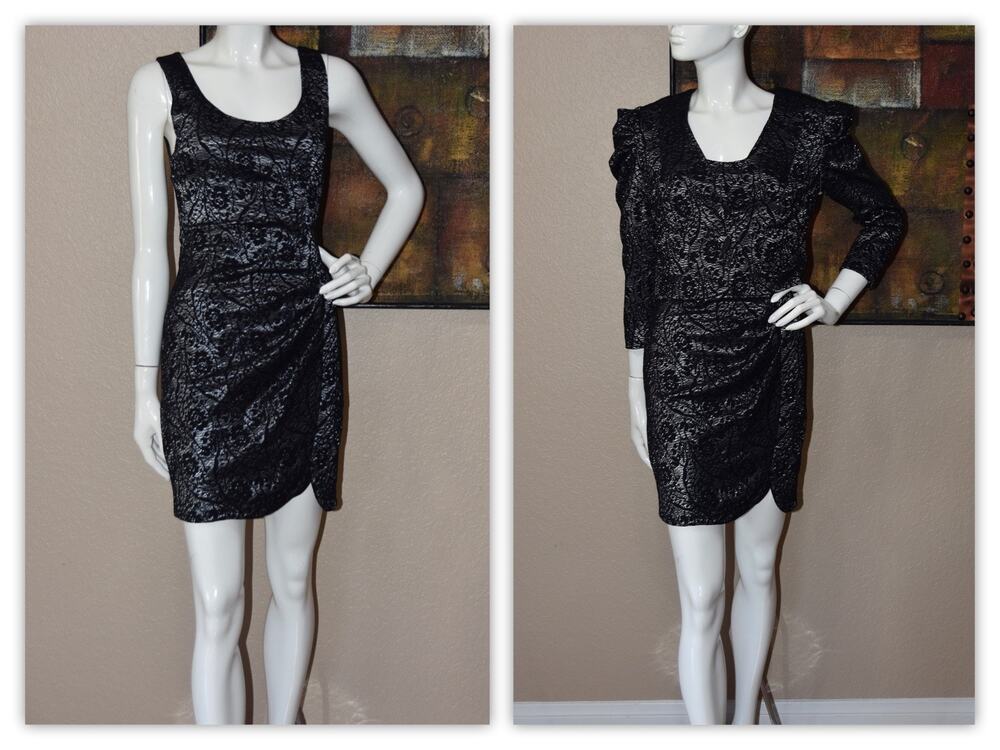YOANA BARASCHI 2pc Black & Silver Brocade Midi Sheath Designer Dress Size 4 NEW!